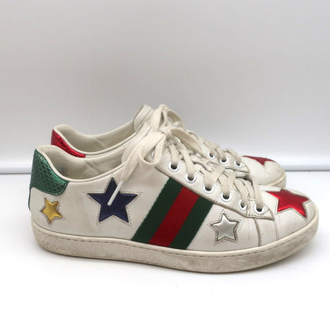 Gucci Ace Stars Low Top Sneakers White & Metallic Leather Size 36