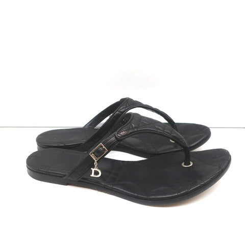 Christian Dior Cannage Thong Sandals Black Leather Size 35.5 Flat Slides