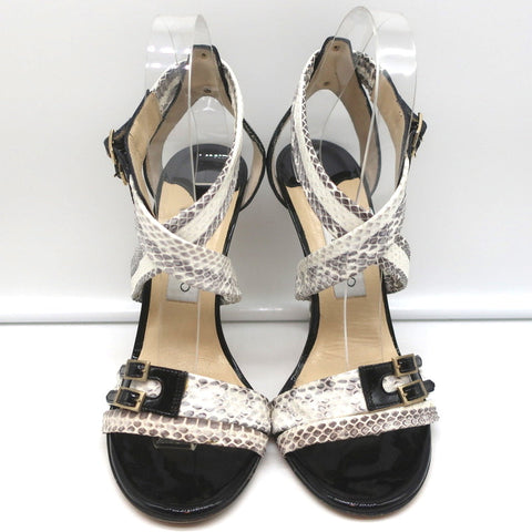 Jimmy Choo Crisscross Sandals Cream Snakeskin & Black Patent Leather Size 39