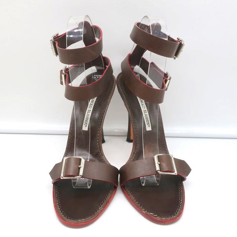 Manolo Blahnik Double Ankle Strap Sandals Dark Brown Leather Size 38.5