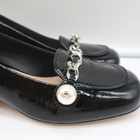 Miu Miu Chain Link Loafers Black Patent Leather Size 36.5 NEW