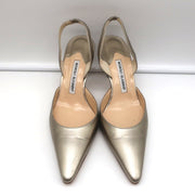 Manolo Blahnik Carolyne Slingback Pumps Gold Metallic Leather Size 38.5