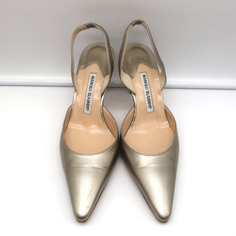 Manolo Blahnik Carolyne Slingback Pumps Gold Metallic Leather Size 38.5