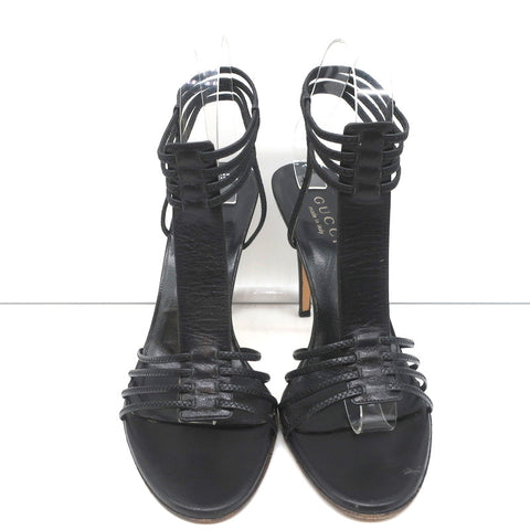Gucci Tom Ford T-Strap Sandals Black Leather Size 8 Open Toe Heels