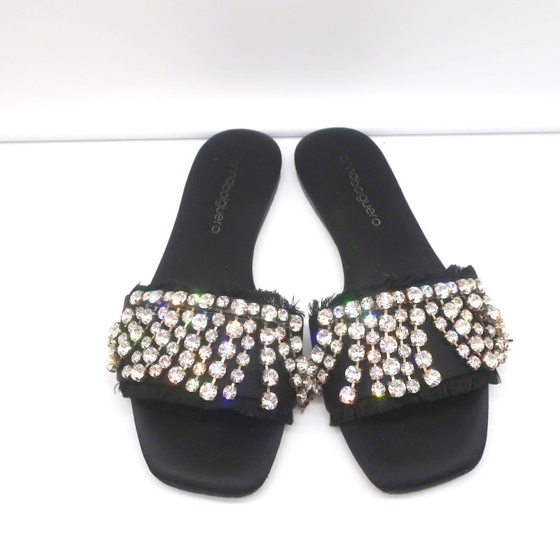 Anna Baiguera Crystal Fringe Slide Sandals Black Satin Size 38 Flat Mules