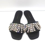 Anna Baiguera Crystal Fringe Slide Sandals Black Satin Size 38 Flat Mules