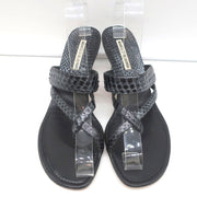 Manolo Blahnik Susa Thong Sandals Black Snakeskin Size 38.5 Kitten Heel Slides