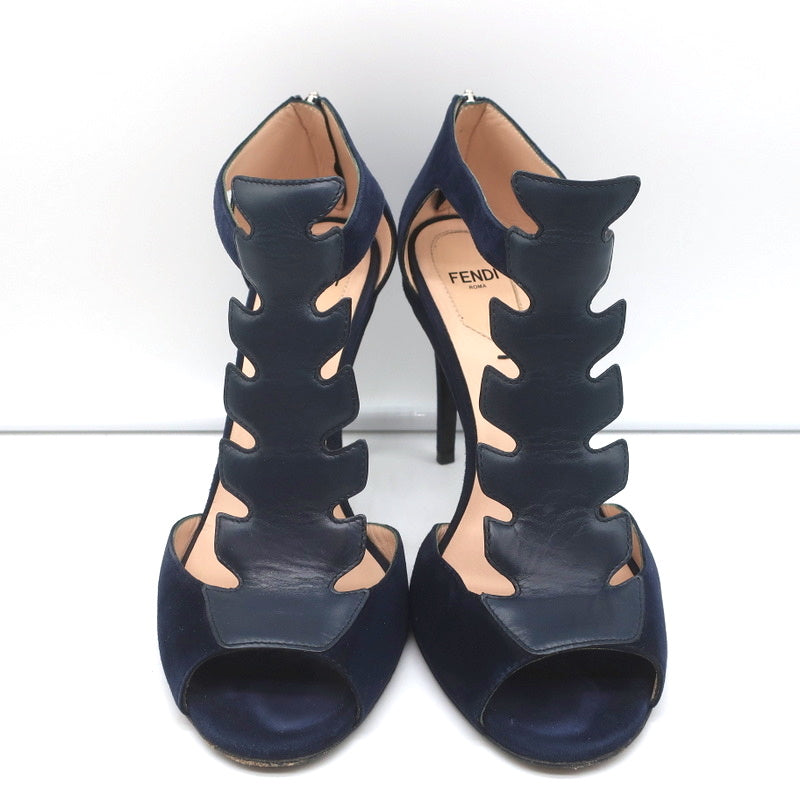 Fendi T-Strap Sandals Navy Suede & Leather Size 37.5 Peep Toe Heels