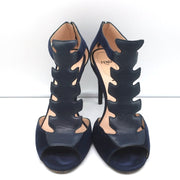 Fendi T-Strap Sandals Navy Suede & Leather Size 37.5 Peep Toe Heels