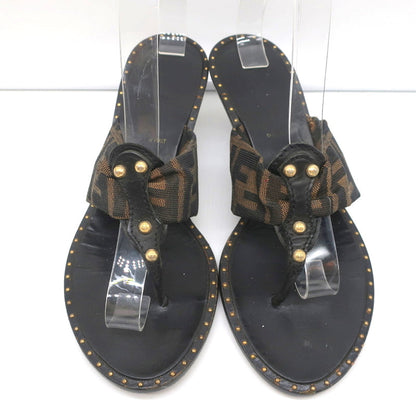 Fendi Zucca Thong Sandals Brown with Black Leather Size 36.5 Kitten Heel Slides