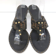 Fendi Zucca Thong Sandals Brown with Black Leather Size 36.5 Kitten Heel Slides