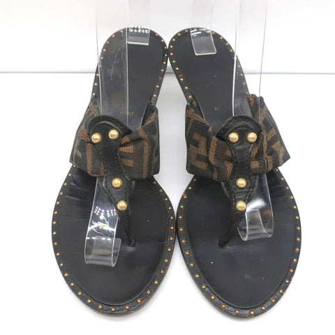 Fendi Zucca Thong Sandals Brown with Black Leather Size 36.5 Kitten Heel Slides