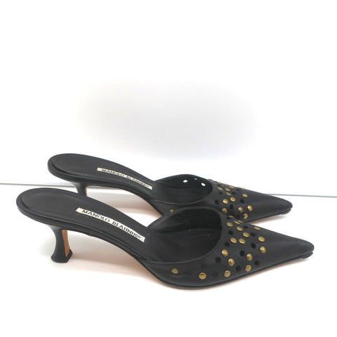 Manolo Blahnik Studded Mules Balu Black Perforated Leather Size 36.5 Kitten Heel