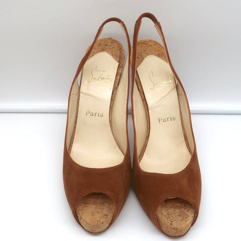 Christian Louboutin No Prive Cork Slingback Sandals Brown Suede Size 41.5
