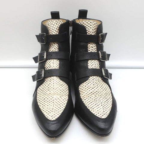 Jimmy Choo Ankle Boots Marlin Cream Snake Print & Black Leather Size 37