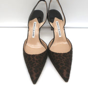 Manolo Blahnik Carolyne Slingback Pumps Leopard Jacquard & Patent Size 38.5