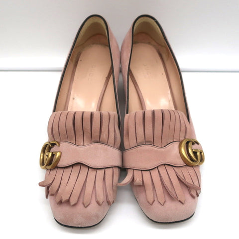 Gucci Marmont Mid-Heel Pumps Light Pink Fringed Suede Size 38