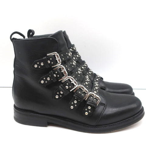 Maje Buckled Ankle Boots Black Studded Leather Size 37 Biker Boots