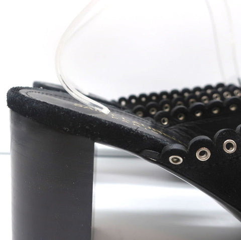 Saint Laurent Loulou Slide Sandals Black Eyelet-Trim Suede Size 39.5 High Heel