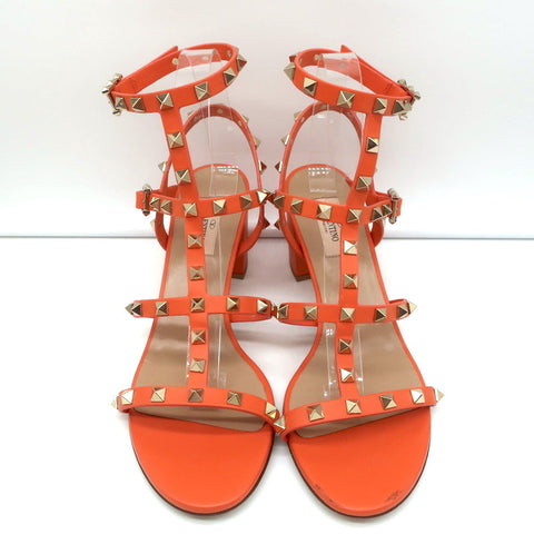 Valentino Rockstud Ankle Strap Sandals Orange Leather Size 40 Open Toe Heels NEW