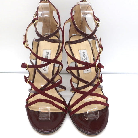 Jimmy Choo Strappy Sandals Burgundy Patent & Suede Size 39 Open Toe Heel NEW