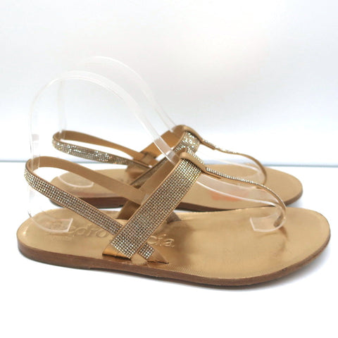 Pedro Garcia Crystal Thong Sandals Zulmar Gold Satin Size 38 Slingback Flats