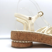 Cork Platform Sandals Cream Chain-Trim Leather Size 37.5 CC Ankle Strap