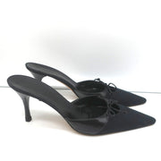 Gucci Bow Mules Black Monogram Canvas & Leather Size 8 Pointed Toe Heels