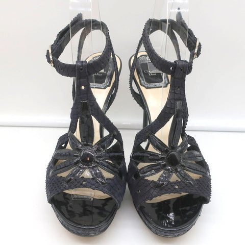 Christian Dior Platform Cut-Out Sandals Black Snakeskin & Patent Size 37.5