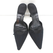 Gucci Bow Mules Black Monogram Canvas & Leather Size 8 Pointed Toe Heels