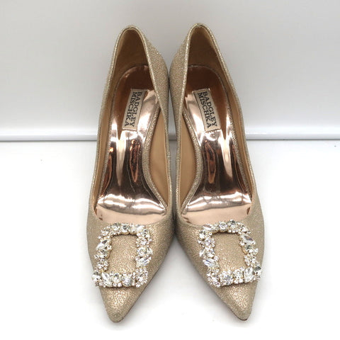 Badgley Mischka Cher Crystal Buckle Pumps Gold Glitter Satin Size 8