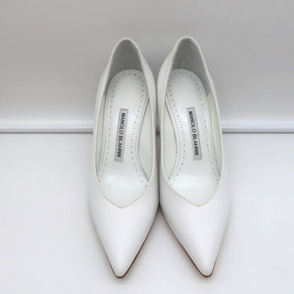 Manolo Blahnik Pumps Urgenzapla White Leather Size 36.5 Pointed Toe Heels