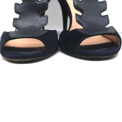 Fendi T-Strap Sandals Navy Suede & Leather Size 37.5 Peep Toe Heels