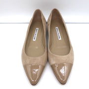 Manolo Blahnik Bipunta Cap Toe Flats Taupe Suede & Patent Leather Size 36 NEW