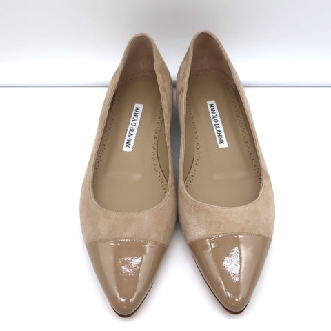 Manolo Blahnik Bipunta Cap Toe Flats Taupe Suede & Patent Leather Size 36 NEW