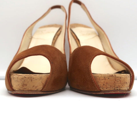 Christian Louboutin No Prive Cork Slingback Sandals Brown Suede Size 41.5