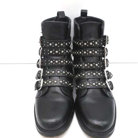 Maje Buckled Ankle Boots Black Studded Leather Size 37 Biker Boots