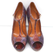 Gucci Platform T-Strap Pumps Purple Snakeskin Size 40 Peep Toe Heels