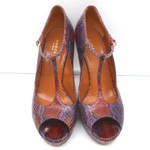 Gucci Platform T-Strap Pumps Purple Snakeskin Size 40 Peep Toe Heels
