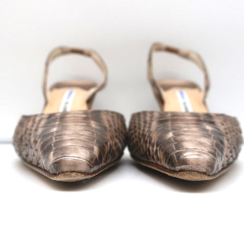 Manolo Blahnik Carolyne Slingback Pumps Brown Snakeskin Size 38.5 Pointed Toe