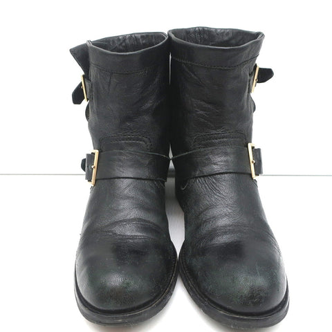 Jimmy Choo Youth Biker Boots Black Leather Size 38 Buckled Ankle Boots