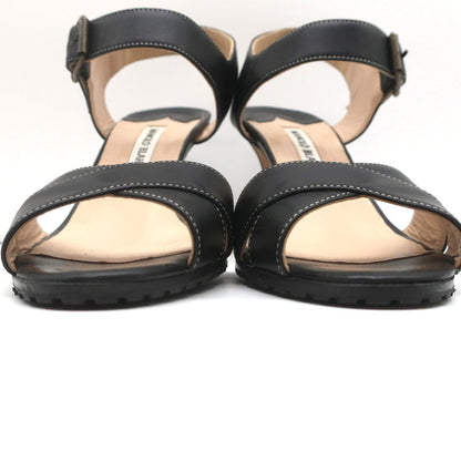 Manolo Blahnik Crisscross Sandals Black Leather Size 39 Ankle Strap Heels