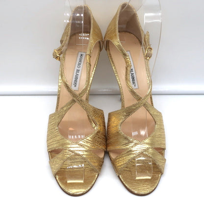 Manolo Blahnik Crisscross Sandals Metallic Gold Size 38.5 Peep Toe Heels NEW