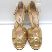 Manolo Blahnik Crisscross Sandals Metallic Gold Size 38.5 Peep Toe Heels NEW