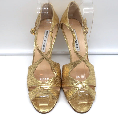 Manolo Blahnik Crisscross Sandals Metallic Gold Size 38.5 Peep Toe Heels NEW