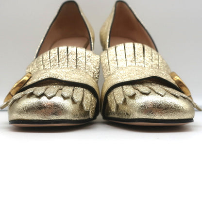 Gucci GG Marmont Fringed Pumps Gold Metallic Cracked Leather Size 36.5