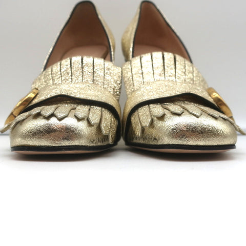 Gucci GG Marmont Fringed Pumps Gold Metallic Cracked Leather Size 36.5