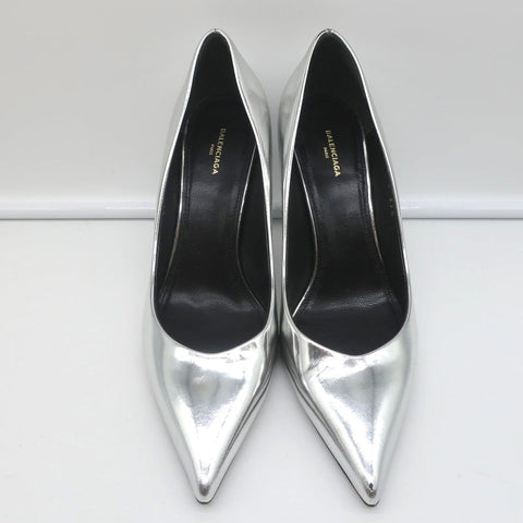 Balenciaga Broken Mirror Heels Silver Metallic Leather Size 37.5 Point-Toe Pumps