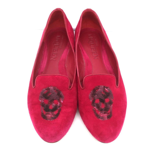 Alexander McQueen Sequin Skull Loafers Magenta Suede Size 37 Slip-On Flats