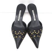 Manolo Blahnik Studded Mules Balu Black Perforated Leather Size 36.5 Kitten Heel